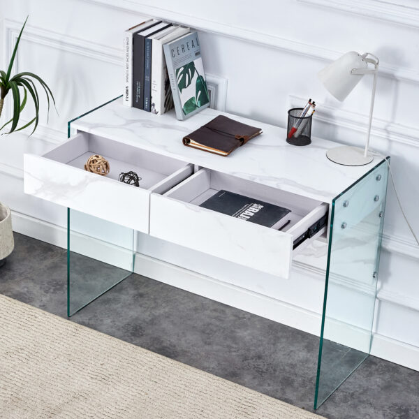 White environmental protection MDF minimalist dresser, desk, desktop computer desk, with double drawer storage space, simple home, perfect for various styles of home environment.