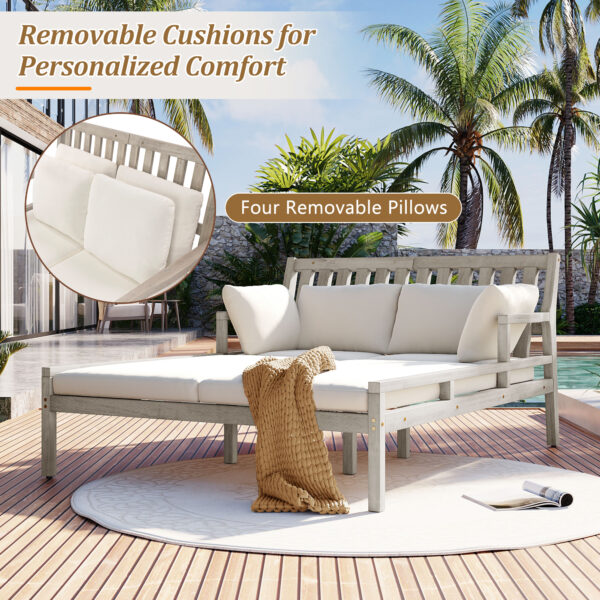 TREXM Outdoor Daybed, Patio Daybed with Four Pillows, Wooden Outdoor Bed with Curved Armrests for Poolside, Backyard, Garden (Gray+Beige Cushion)