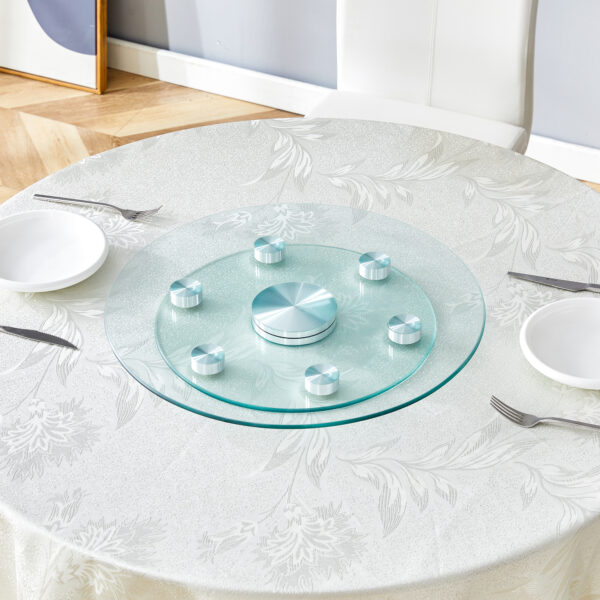 48833672f11040ccb8fec77483ea0441_5e3ca50471a4cf1575b622d41f132088 Double layer rotatable round glass.The rotatable design makes it more convenient to retrieve and place items.The upper glass has a diameter of 20 inches, while the lower glass15 inches.