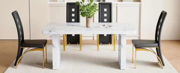 4883f1c0ba59471ebc27344893262bd1_55855a94493e0bb89df66cd73ed73ac6 Table and chair set.63"*35.4" White Imitation Marble Pattern MDF Dining Table Set - 4 PU Chair With Black Saddleback, Geometric Pattern Backrest,Golen Curved Metal Leg..Suitable For Various Scenes.