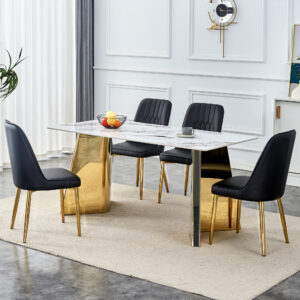 Table and chair set.63"x31.5x30" Luxurious Cold Jade Patterned Sintered Stone Table with Golden Stainless Steel Legs.Paried With 4 Black PU Chairs with Simple Line Designs On The Backrest.