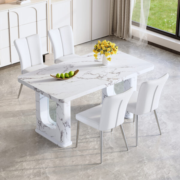 489fa81b467245f69e8639475a93e4ee_019396a99e91d7de01d1d6bd7445a2a4 Table and chair set.64.5x35.4 Inch Stylish White Marble Textured Dining Table.Paried With 4 White PU Chairs with a vertical stripe design on the backrest.Create Your Exclusive Low-Key Luxury Space.