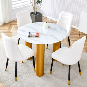 Table and chair set, round table with white marble pattern, gold MDF table legs, soft and comfortable dining chair, suitable for kitchen and living room