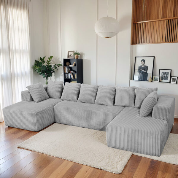 Modular U-Shaped Sectional Sofa,130-inch 4-Seater Chaise Lounge with Reversible Design, Striped Corduroy Fabric in Gray – Customizable Living Room or Bedroom Couch, Freely Configurable Layout.