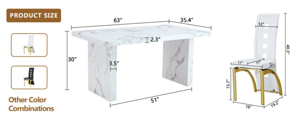 48b6d83f450f44d985f4702d91e235f0_c2f12146e4d8840d5120255237a1b29f Table and chair set.63"*35.4" White Imitation Marble Pattern MDF Dining Table Set - 4 PU Chair With White Saddleback, Geometric Pattern Backrest,Golden Curved Metal Leg.Suitable For Various Scenes.
