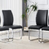 Luxury Simple Arch Chair - Set of 4 Black PU Material High Resilience Dining Chair with Arched Metal Silver Leg.