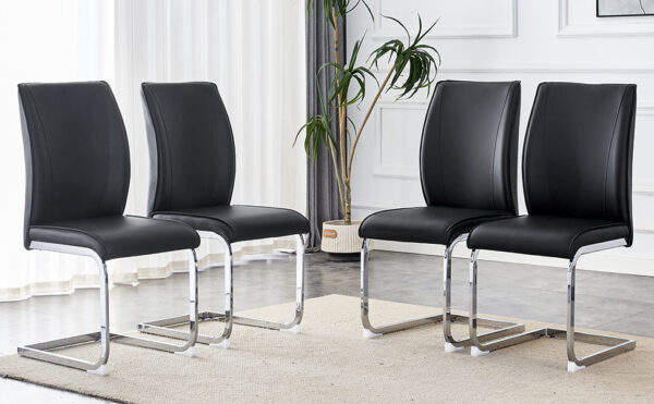 48c11a7cd02246c4ace3f64fbd62bd23_55be0358a3c548c1f15eaf3a13bc05a0 Luxury Simple Arch Chair - Set of 4 Black PU Material High Resilience Dining Chair with Arched Metal Silver Leg.