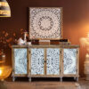 4-Door Hollow-Carved Accent Cabinet, Distressed Wood Storage Cabinet Cupboard with adjustable shelves,unique design for Kitchen, Dining Room, Living Room, Entryway, Natural wood