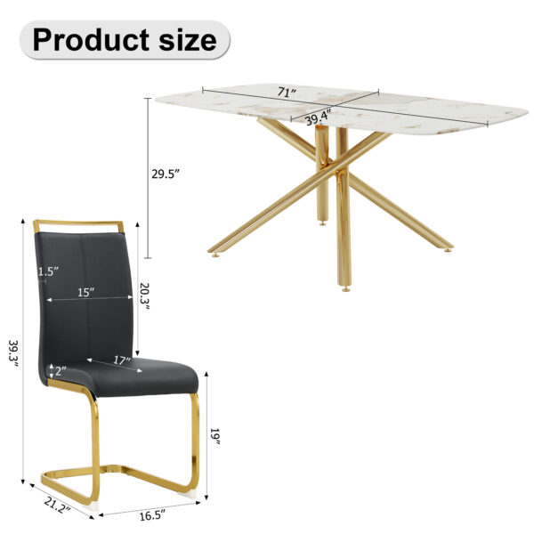 48ce429b95ef4ac9ae9b6bf019875c9a_f9bdd161bbf16d765833ef9bcc127f2a Table and chair set, large modern minimalist rectangular dining table, 0.39-inch imitation marble tabletop and golden metal legs, soft leather seats. F-1537