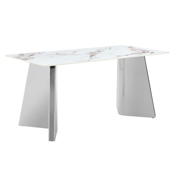 48d5715c5f504a0f8d0e3ccec2b6d3a9_02bc6c358e35bf6811e5001f109c221f Table and chair set.63*31.4 Inch Luxurious Cold Jade Sintered Stone Dining Table Set - 6 White High-quality PU Chairs With Arched Silver Metal Legs.Perfect For Dinner Room,Meeting Room,Kitchen,etc.