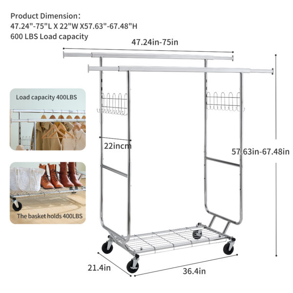48d6995b252e4544996cc4817a8ac3e8_f7529fe6708ad5f722d1cce26fd6af71 Double Clothing Garment Rack with Shelves Capacity 800lbs Clothing Racks on Wheels Rolling Clothes Rack for Hanging Clothes Heavy Duty Portable Collapsible Commercial Garment Rack