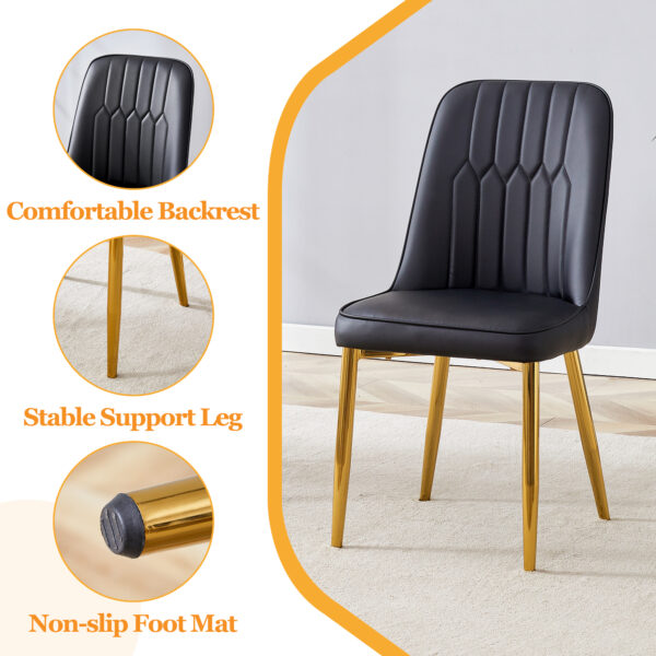 48e53c5999164364a50bbea929f2093d_b3c8baf59b31dddbf7d193d6b3798ca6 Table and chair set.Luxurious Style Tempered Glass Dining Set-71"x35.4"with 8 Black PU Chairs with Simple Line Designs On The Backrest .Golden Metal Legs.Tempered Glass Top With White Texture sticker.