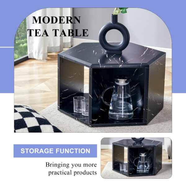 48fb7534fa63445fbe13b9405bb1e0f5_fd61bbfcae49cb88ebddac287c54a396 Hexagonal MDF coffee table, characteristic pattern stickers, multi-hole design to give more storage space, simple and convenient design makes it suitable for all kinds of style scenes.