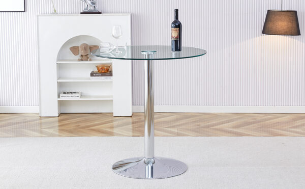 48fbb913ebea4dd1851665d410bc4fe2_b76e1944b091aeffcdec9388ab9db68b A glass tabletop with a diameter of 35 inches and a modern minimalist circular dining table with electroplated silver metal legs. Suitable for restaurants, living rooms, and conference rooms.BT-1166