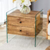 Double-drawer bedside table. The board surface is MDF sticker, and both sides are transparent tempered glass. The design is simple and elegant, with excellent storage functions.