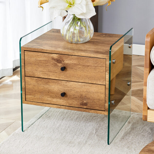 48ff17ae58964c4aa4113eb49d037355_7bae02f3e7936d80e6840f1bd48164b4 Double-drawer bedside table. The board surface is MDF sticker, and both sides are transparent tempered glass. The design is simple and elegant, with excellent storage functions.