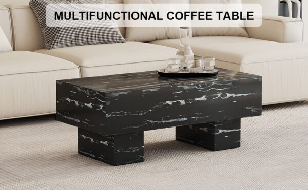 4912b9a3264c4a51a185965966cd6f58_20240123_a5b3e22dbe8064c295d83beb1da98d5e The black coffee table has patterns. Modern rectangular table, suitable for living rooms and apartments. 43.3"*21.6"*17.2"