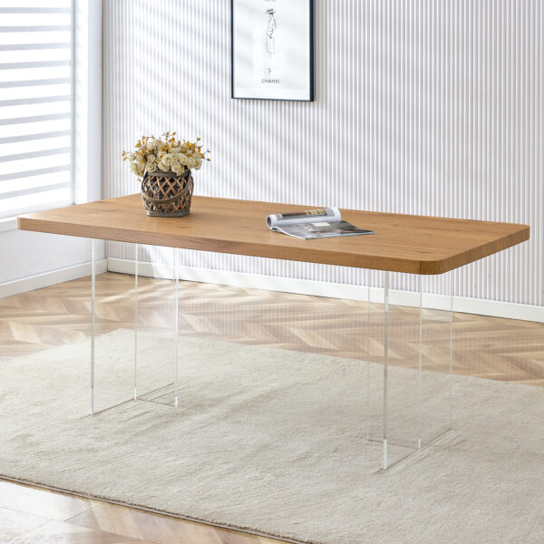 A modern minimalist wooden table with acrylic legs and rectangular tables. Computer desk. Dining table. Suitable for restaurants, living rooms, and kitchens. F-1298