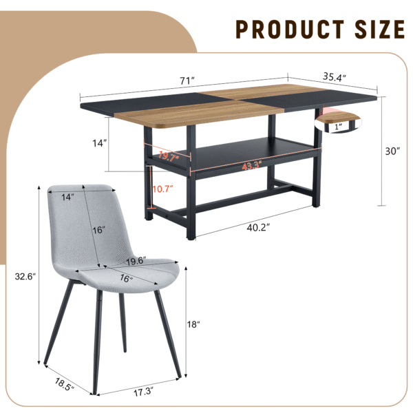 Table and chair set.71*35.4 inch Wooden And Black Spliced Dining Table With Storage Function In The Middle Of The Table Legs.Paired With 8 Light Gray Linen Dining Chairs With Curved Widened Cushion.
