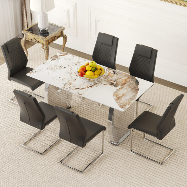 493faaba40d148f6936a8c66de0e5c0a_578ca84ac108ed7d0f2dd40f611a60a2 Table and chair set.63*31.4 Inch Pandora Patterned Sintered Stone Dining Table Set - 6 Black Chairs With Silver Metal Legs.Modern Light Luxury.Perfect For Dinner Room,Meeting Room,Kitchen,etc.