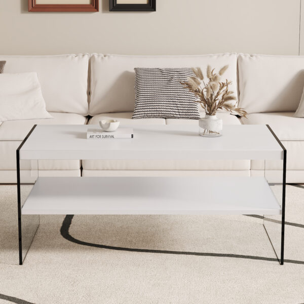 Double rectangular coffee table. The board surface is MDF, with white stickers, and both sides are transparent tempered glass. Suitable for living room, bedroom and other occasions.