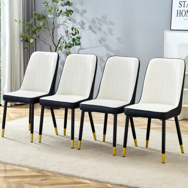497ddd095af145d7ad141ed740e15fad_71016da36cb09d993ae6517eed597d60 Modern Two-Tone PU Dining Chairs - White and Black spliced chairs With Gold Decorated Legs.White and Black spliced,Black Metal Legs,Set of 4 chairs.