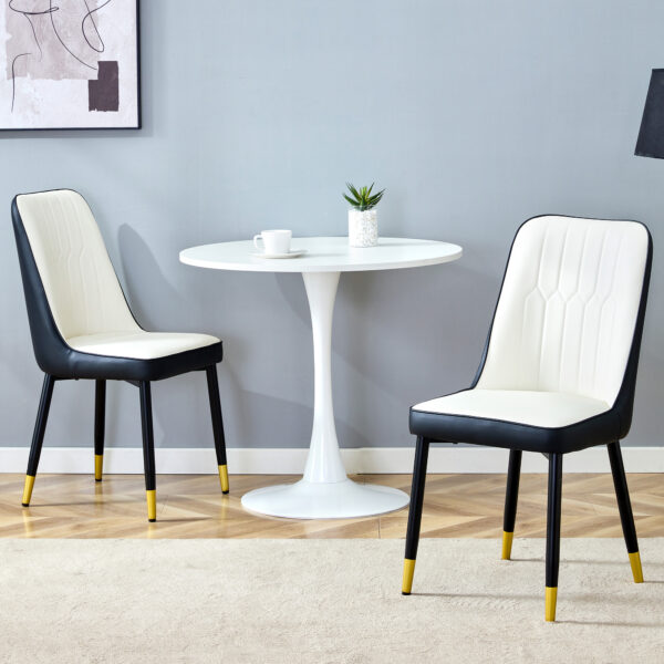 49808120a9664203b9b2a32aaa92cbf0_0ec228194ea315aca7990a8f5c33deda Modern Two-Tone PU Dining Chairs - White and Black spliced chairs With Gold Decorated Legs.White and Black spliced,Black Metal Legs,Set of 2 chairs.