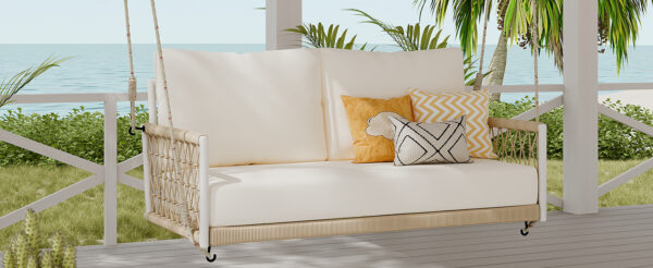 TREXM 1-Piece Woven Rope Outdoor Swing Sofa with Soft Cushions Seating 2 for Patio, Courtyard and Balcony (Beige)