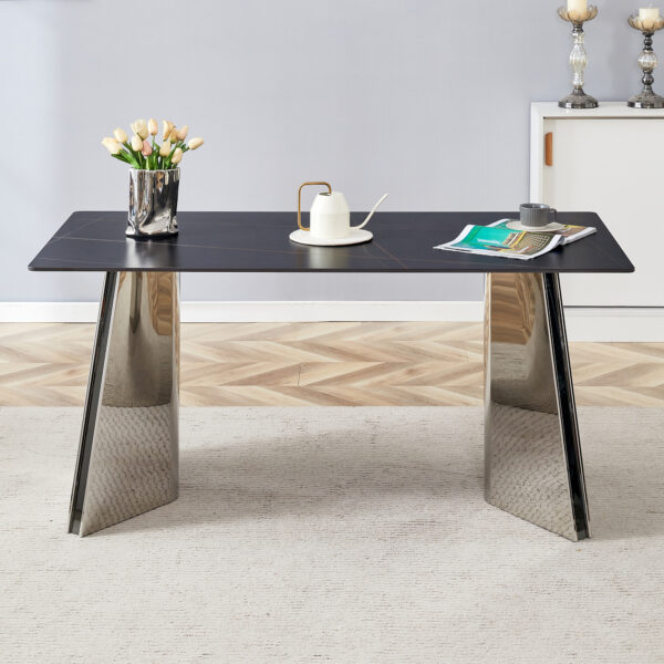 4986ae3809a24aafb999796674ba0daa_630ca98f40b6995eef8820462a353b02 63"x31.5x30" Black Marble-Patterned Slab Dining Table with Stainless Steel Butterfly Legs.The tabletop is designed to be scratch and heat resistant.Slabs Tabletop,Stainless Steels Legs.