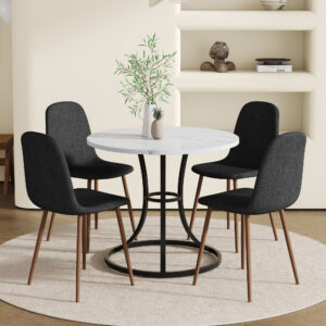 Table and chair set.A Modern Minimalist Circular Dining Table With A Diameter Of 33.3 Inches.Paired With 4 Black Linen-Cotton Material High Resilience Dining Chair with Metal Leg.