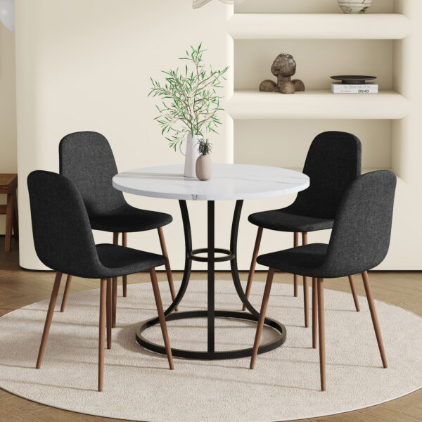 498cbdfa6aa14dc9b08b03e386d87230_5a6de6ece9626be2995b3e2a8902cf01 Table and chair set.A Modern Minimalist Circular Dining Table With A Diameter Of 33.3 Inches.Paired With 4 Black Linen-Cotton Material High Resilience Dining Chair with Metal Leg.