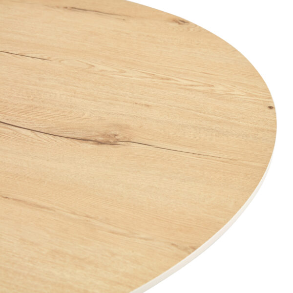 4994de16d25f431cab2b1b2912304276_513755d01057ae3b9d2b5d048c28415a A modern and minimalist circular dining table with a 42 inch diameter wood colorer patterned tabletop and white metal legs. Suitable for restaurants, living rooms, and conference rooms.