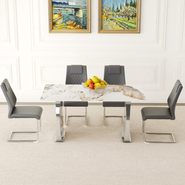 49a106bfc0bd4a6490c8a7f5eb57829e_ed6b48954c3311fccf7e034fa1ef23f6 Table and chair set.63*31.4 Inch Pandora Patterned Sintered Stone Dining Table Set - 4 Dark Gray Chairs With Silver Metal Legs.Modern Light Luxury.Perfect For Dinner Room,Meeting Room,Kitchen,etc.