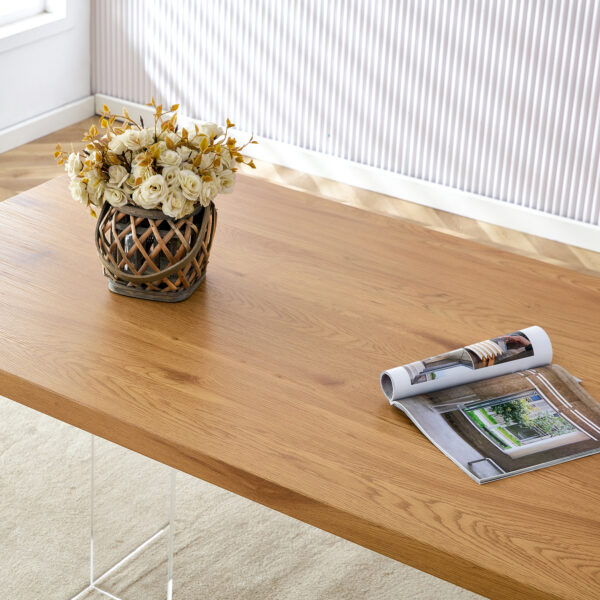 A modern minimalist wooden table with acrylic legs and rectangular tables. Computer desk. Dining table. Suitable for restaurants, living rooms, and kitchens. F-1298