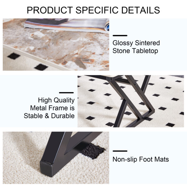 49dfc8b122514b19ae9611111ba3fec5_c6da9398c9dbb243f8d85506d8bd98d2 A coffee table is made of rock slab material, with a natural and smooth marble pattern on the surface, which complements the modern design of the black metal legs and adds a touch of fashion.47*23.6