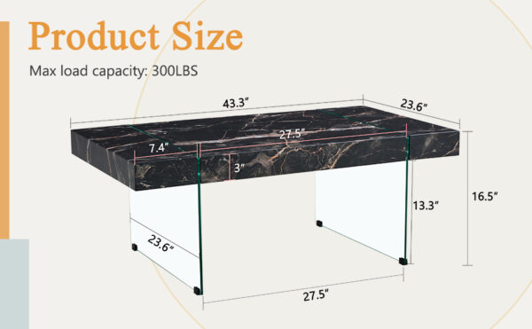 49e538898b1e456ea3cb48cdfb611894_364337083293f48eaa103f67adf0819e 43.3"x23.6" Black Marble-Patterned MDF Coffee Table with Tempered glass legs.Suitable for Living Room.It can be used not only as a coffee table but also as a side table or display stand.