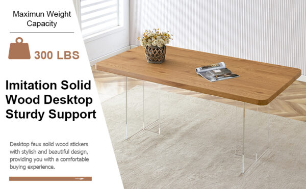 A modern minimalist wooden table with acrylic legs and rectangular tables. Computer desk. Dining table. Suitable for restaurants, living rooms, and kitchens. F-1298