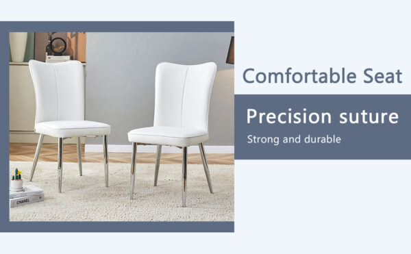 4a529580319f41fab1ee128fd50ecd3d_aae133b62958a3462f5c30f2d3f7aeeb Table and chair set.63"x31.5x30" Black Marble-Patterned Slabs Tabletop with Stainless Steel Butterfly Legs.Paired with 4 white PU dining chairs with a vertical stripe design on the backrest.