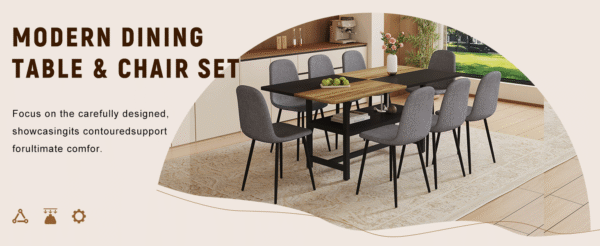 Table and chair set.71*35.4 inch Wooden And Black Spliced Dining Table With Storage Function In The Middle Of The Table Legs.Paired With 8 Chairs Made Of Dark Gray Lnen Fabric.Iron pipe spraying Legs.