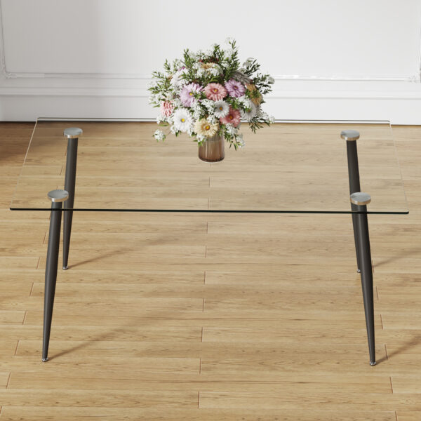 Modern rectangular glass dining table for 4-6 people with tempered glass top and black metal legs, writing desk for kitchen, dining room and living room.