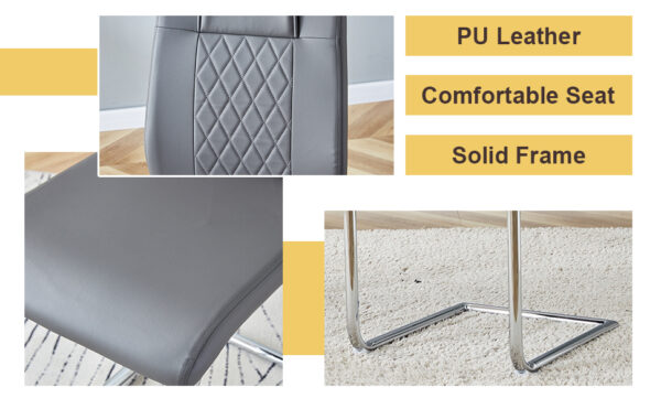 4a90e0722fcc43c2a49bacd665b30af6_4848c6f6457b4cf264a3f2512a600417 Table and chair set.63"x31.5x30" Luxurious Pandora patterned Sintered Stone Tabletop with Silver Stainless Steel Butterfly Legs.Paried With 4 Dark Gray High-quality PU Chairs With Arched Metal Legs.