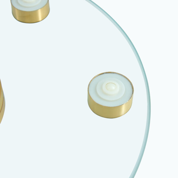 4a91da27bd4f4aa78c01e838e17a6e14_39105f6b3e67c33d3fdd1247439a920d Double layer rotatable round glass.Golden aluminum plate,The rotatable design makes it convenient to retrieve and place items.The upper glass has a diameter of 20 inches,the lower glass15 inches.