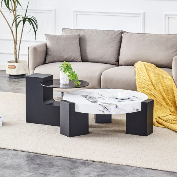 4aa573a57cc8497293f64e2a881450b1_1299e679bc845a72e6f59b4671d2dbe5 Modern Simple Double-Layer Round Coffee Table - Transparent Gray Glass Top with Black MDF L-Shaped Legs.The detachable design can make the use of space more flexible.