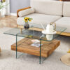31.4 Inch Modern Two-Tier Square Coffee Table -An Elegant Combination of Clear Glass and Light Wood Texture Sticker.It can be used not only as a coffee table but also as a side table or display stand.