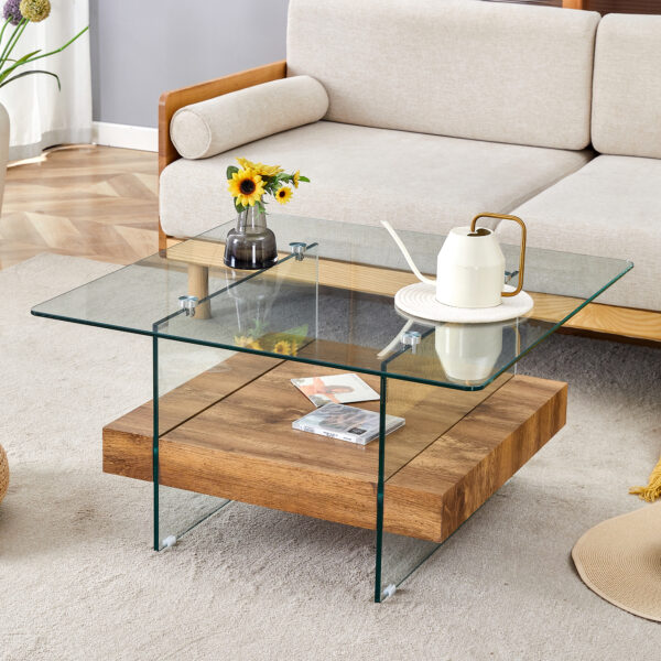 4ac372a36bfc4d378a308f2334827eea_eb7e89bd337b5ee9fae32564805961a2 31.4 Inch Modern Two-Tier Square Coffee Table -An Elegant Combination of Clear Glass and Light Wood Texture Sticker.It can be used not only as a coffee table but also as a side table or display stand.