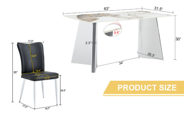 4acd7ea79e05479b839f7ec6f8aa8e49_02264ca256a3193fbb4c47e03f3cb892 Table and chair set.63"x31.5x30" Luxurious Pandora patterned Sintered Stone Tabletop with Silver Stainless Steel Legs.Paried With 6 Black PU Chairs with a vertical stripe design on the backrest.