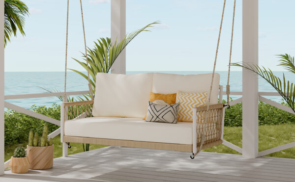 TREXM 1-Piece Woven Rope Outdoor Swing Sofa with Soft Cushions Seating 2 for Patio, Courtyard and Balcony (Beige)