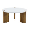 33.4-inch diameter minimalist circular MDF material coffee table, a stable and practical choice. The unique embedded design and the support of three table legs make the coffee table structure stable.