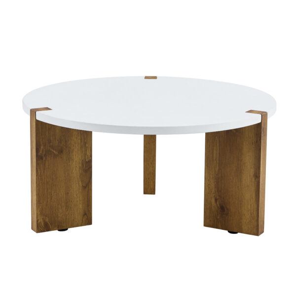 4adff805292548ada2098a9361e10281_46b07ac4bcc63cf79090cae46e3718d1 33.4-inch diameter minimalist circular MDF material coffee table, a stable and practical choice. The unique embedded design and the support of three table legs make the coffee table structure stable.