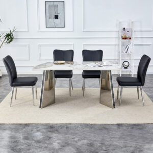 Table and chair set.63"x31.5x30" Luxurious Pandora patterned Sintered Stone Tabletop with Silver Stainless Steel Legs.Paried With 4 Black PU Chairs with a vertical stripe design on the backrest.
